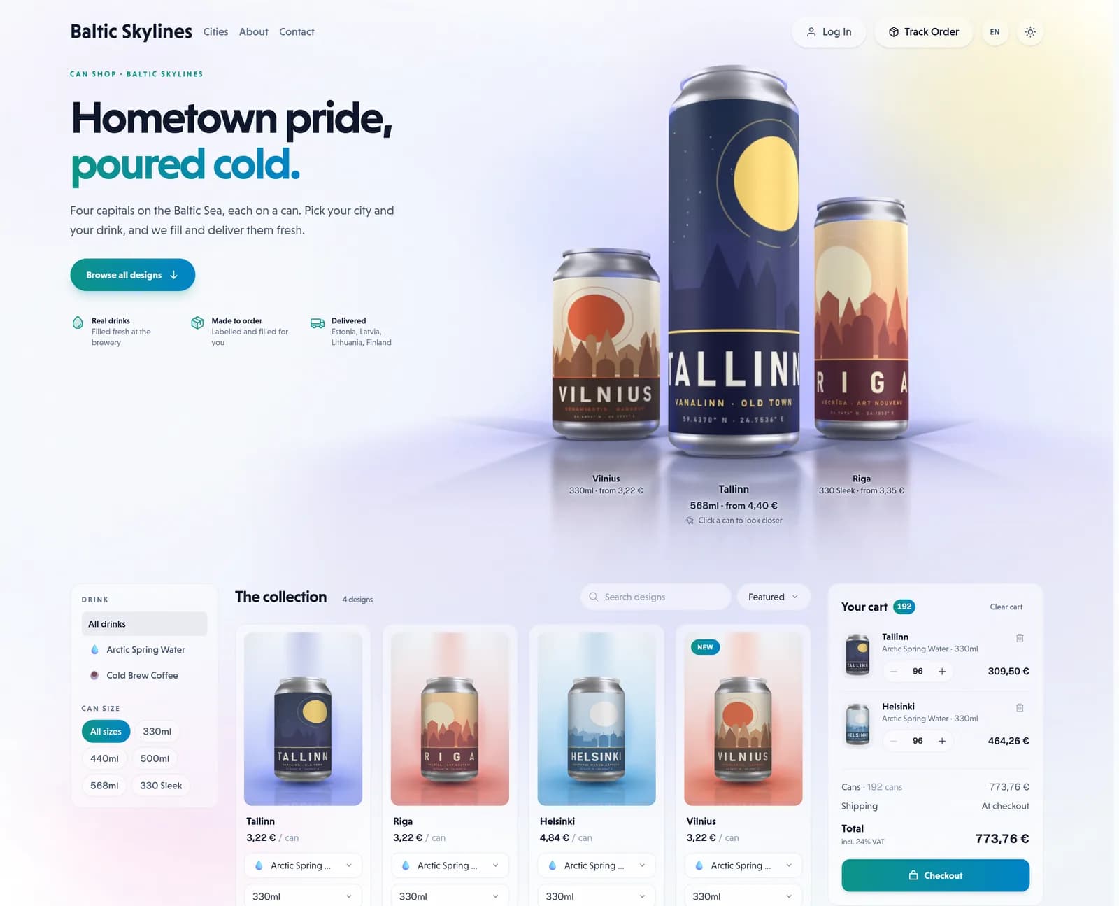The can shop of Baltic Skylines, an example shop on the platform: its own designs on cans with prices, its collection and a cart.