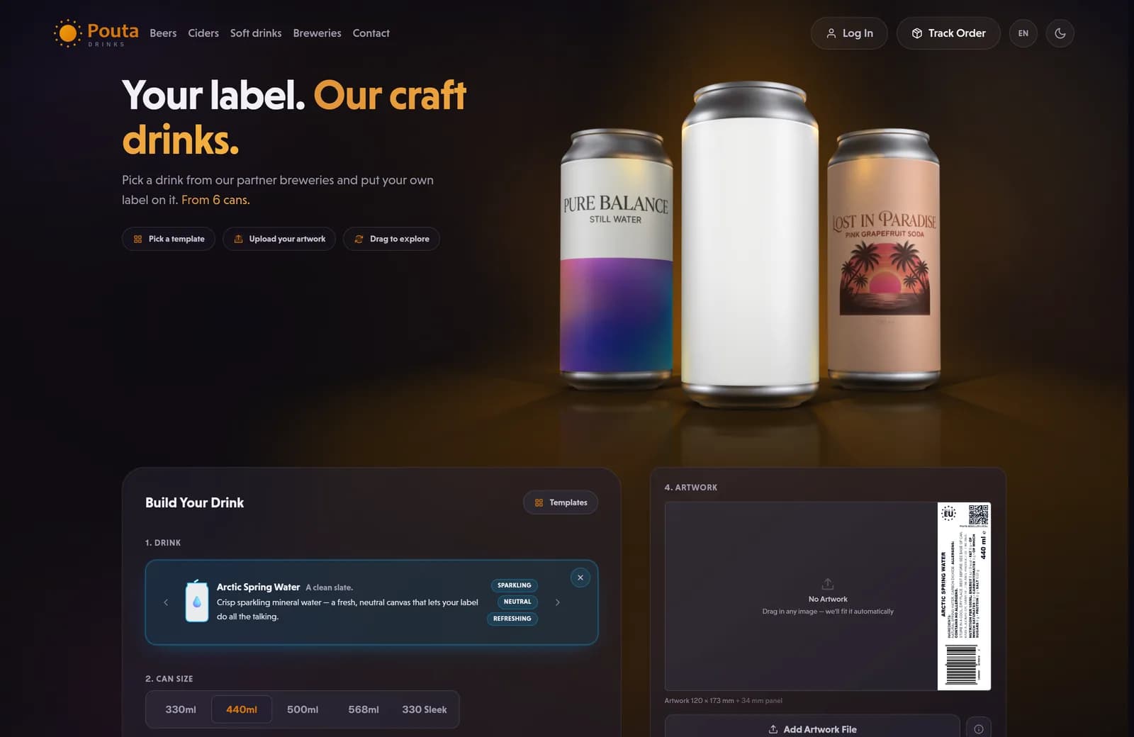 The ordering page of Pouta Drinks, an example storefront on the platform, as it opens: a blank 440 ml can between two of its own designs, with a drink picked.