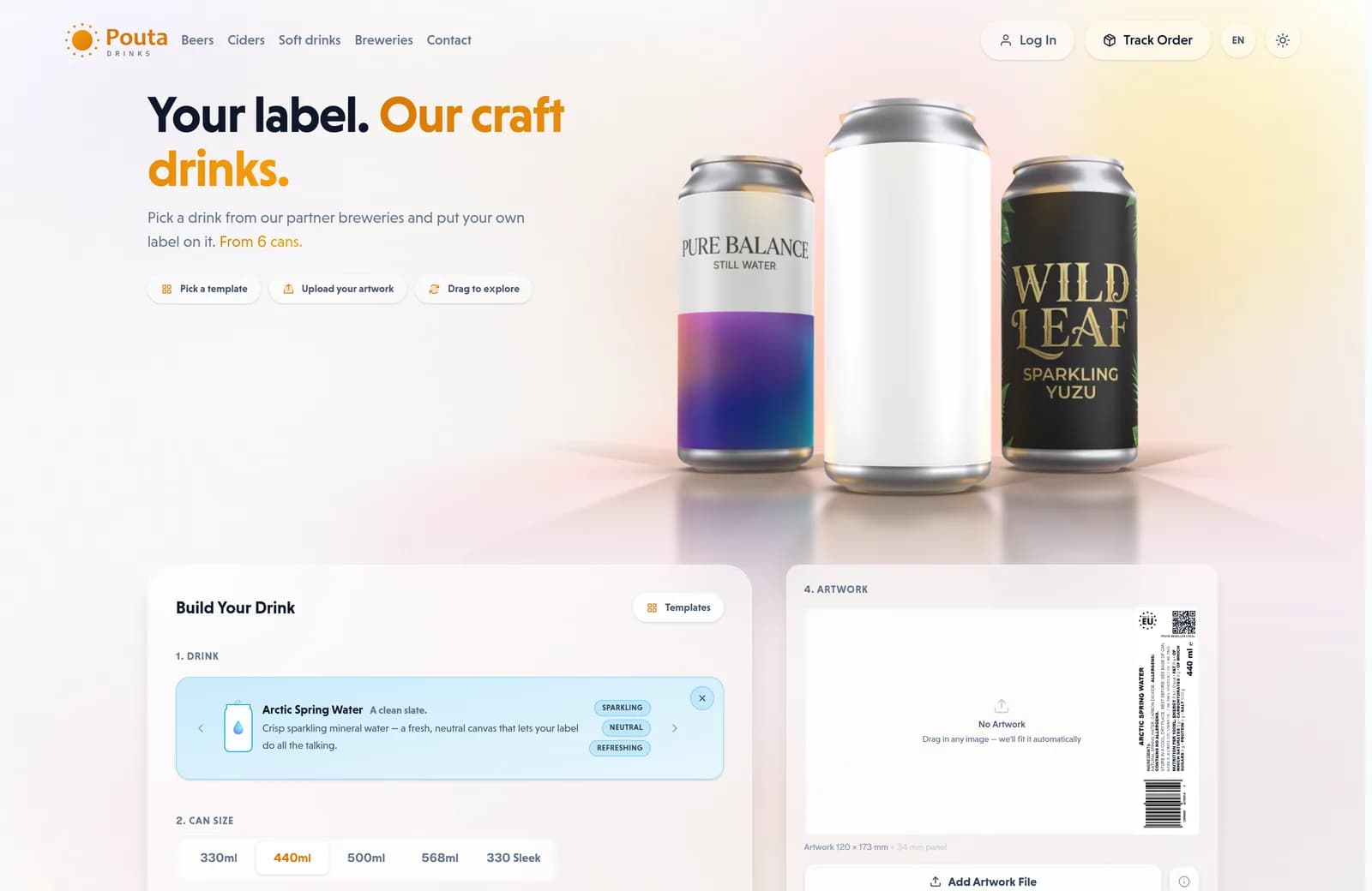 The ordering page of Pouta Drinks, an example storefront on the platform, as it opens: a blank 440 ml can between two of its own designs, with a drink picked.